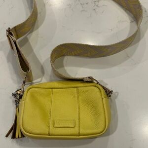 Yellow Pebbled Leather Crossbody Camera Bag with Patterned Strap